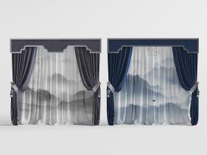 中式印着山水图案的窗纱窗帘