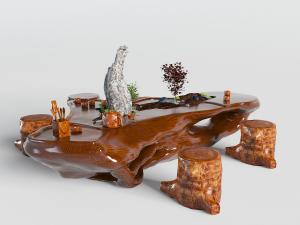 中式根雕茶桌茶盘和坐凳