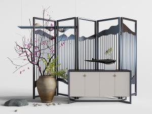 中式装饰柜、陶瓷花瓶干枝饰品