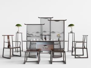 中式实木长方形茶桌椅、盆景