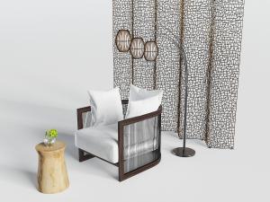 中式单人沙发、三头落地灯3d模型 中式单人沙发、三头落地灯