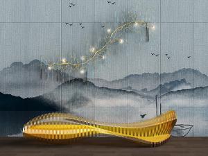 新中式金属镂空个性多人坐凳和背景墙