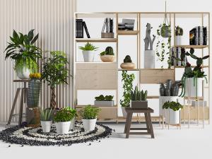 新中式带抽屉的装饰柜、绿色盆栽植物