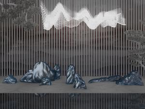 中式假山、松树和吊灯园林景观