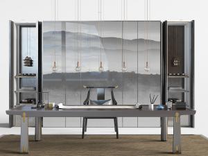 新中式黑色书桌椅3d模型 新中式黑色书桌椅