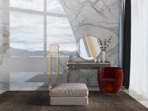 新中式低奢梳妆台、红色沙发和落地灯