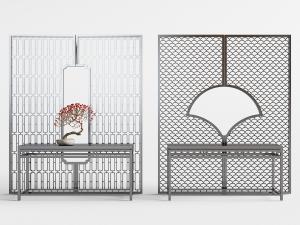 新中式灰色端景台、鱼鳞花纹隔断3d模型 新中式灰色端景台、鱼鳞花纹隔断