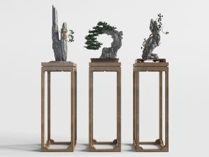 新中式方形实木花架假山盆景