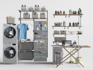 洗衣房洗衣机、烘干机和衣物收纳架