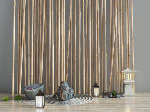 中式庭院竹子背景墙、假山园林景观