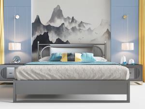 新中式金属铁艺双人床、床头柜