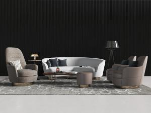 新中式白色弧形多人沙发、单人沙发和茶几组合