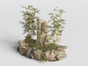 庭院石头花坛、假山和竹子园林景观