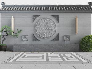 中式庭院背景墙、盆景盆栽