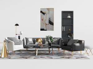 新中式灰色方格布艺多人沙发、单人沙发和茶几