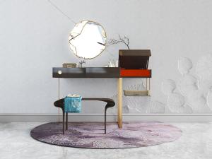 中式实木梳妆台、圆镜