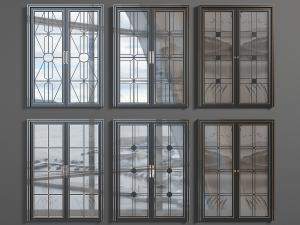 新中式深灰色铁艺玻璃双扇平开门