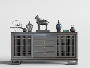 中式带有抽屉栅格柜门的装饰柜和饰品摆件