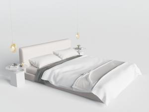 新中式白色布艺双人床、床头柜