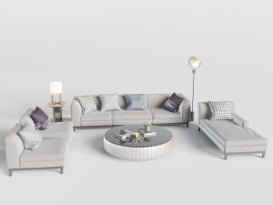 新中式灰白色多人沙发、双人沙发和美人榻组合沙发模