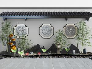 中式庭院背景墙和假山、喷泉、竹子园林景观