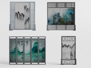 中式水墨山水、荷花图案的隔断屏风