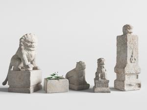 中式古建门头石狮、石缸