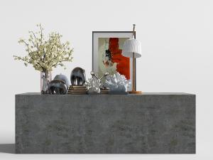 中式类似水泥材质的装饰柜和饰品摆件