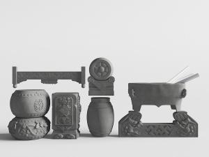 中式雕花石鼓、收纳笔墨纸砚的石缸