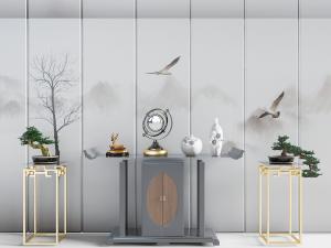 中式玄关端景台、花架盆景和饰品摆件3d模型 中式玄关端景台、花架盆景和饰品摆件