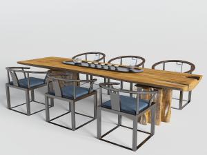 新中式原木长方形茶桌椅组合