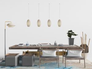 中式古典实木茶桌椅、坐凳和落地灯