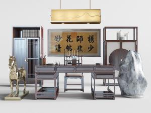 中式书桌椅、书柜和石头马匹摆件3d模型 中式书桌椅、书柜和石头马匹摆件