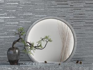 中式圆形门洞文化石背景墙、盆景