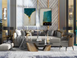 现代轻奢矮背多人沙发、单人沙发和沙发背景墙