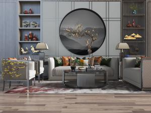 中式多人布艺沙发、单人沙发、圆形茶几和背景墙