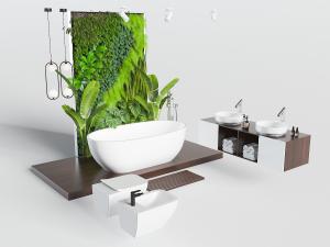 现代带有植物墙的浴盆、洗手盆和马桶3d模型 现代带有植物墙的浴盆、洗手盆和马桶