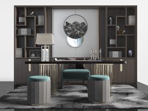 新中式书桌、布艺座椅、书柜和坐墩3d模型 新中式书桌、布艺座椅、书柜和坐墩