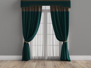 新中式墨绿色双扇金丝绒窗帘窗纱