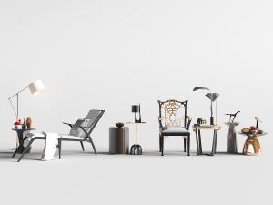 新中式躺椅、休闲椅和边几组合