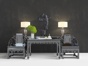 中式古典黑色雕花扶手椅、案几和盆景