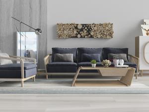 北欧实木框架的布艺坐垫多人沙发、单人沙发组合