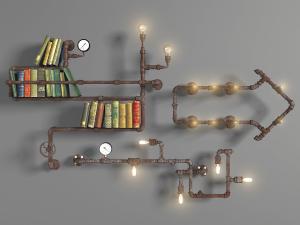 工业风带有灯泡的箭头墙面书架