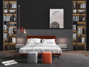 现代红色布艺双人床、坐墩和床头收纳格