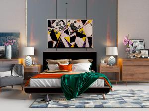 现代黑色双人床、床头柜和边柜