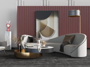 后现代弧形多人沙发、错层圆形茶几