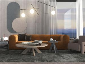 新中式橙色多人软包块状沙发、单人沙发和圆形茶几模