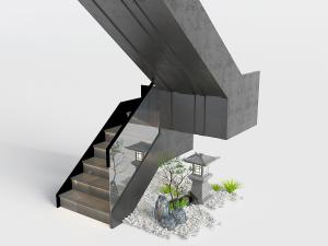 新中式茶色玻璃护栏黑色楼梯、园林小景3d模型 新中式茶色玻璃护栏黑色楼梯、园林小景