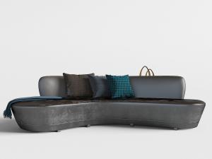 现代黑色真皮弧形多人沙发