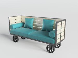 工业风带滑轮的蓝色坐垫多人沙发